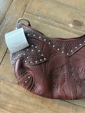 Carlucci Women Brown Tooled Floral Studded Zip Shoulder Bag Western